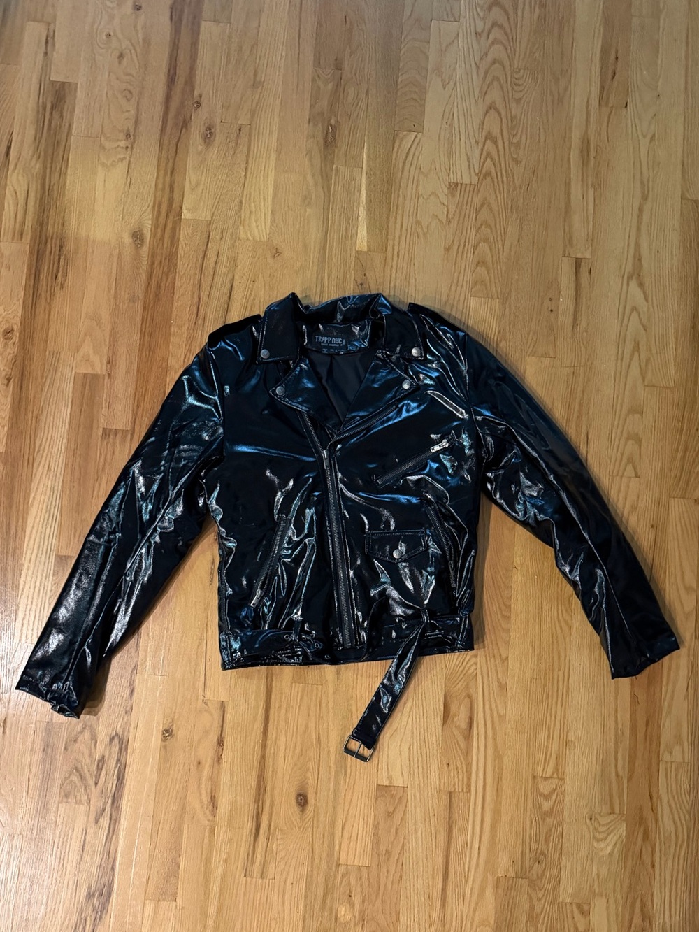 Tripp NYC Black Patent Moto Jacket with Belt Detail